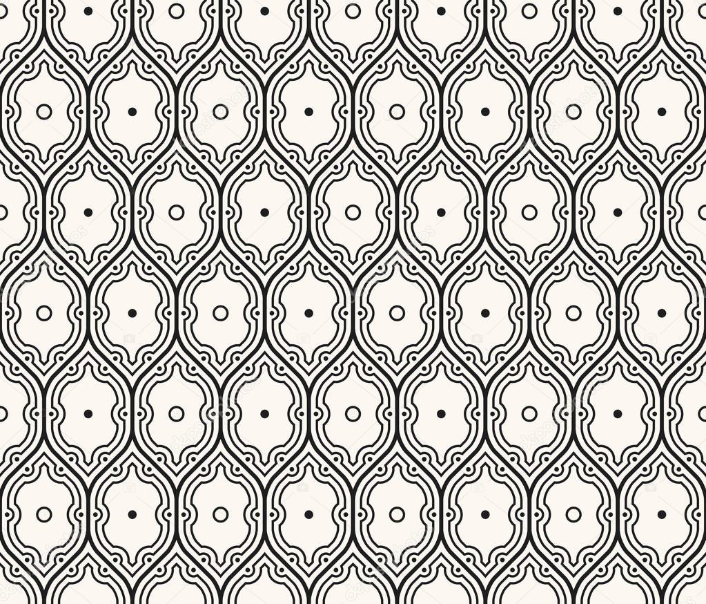 Seamless pattern with stylized lines, curves, cells, dots and circles. Hexagonal abstract and modern network for background or upholstery. Editable monochromatic wallpaper.