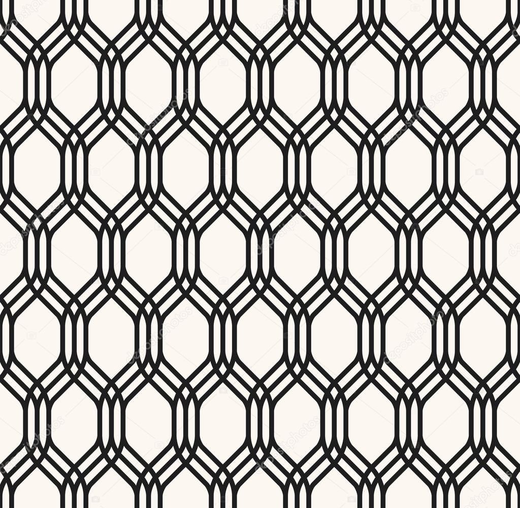 Seamless pattern with parallels curved lines. Hexagonal abstract and modern network for background, wallpaper, lining or upholstery. Editable monochromatic wallpaper.