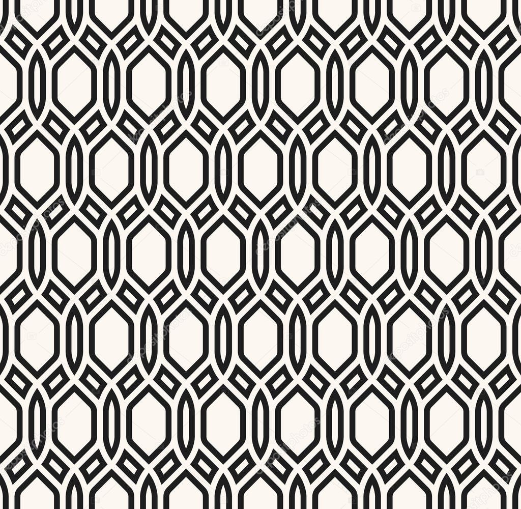 Seamless pattern with openwork shapes. Hexagonal abstract and modern network for background, wallpaper, lining or upholstery. Editable monochromatic wallpaper made of lines and cells.