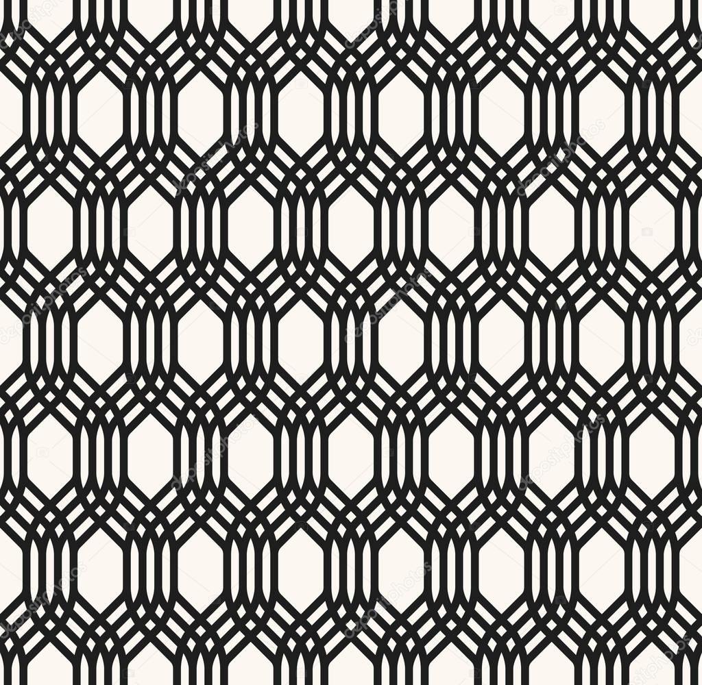 Seamless pattern with parallel and superimposed lines. Hexagonal abstract and modern network for background, wallpaper, lining or upholstery. Editable monochromatic pattern.
