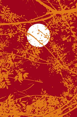 Beyaz dolunay (veya güneş) ve turuncu dallar ve yaprakların arasından görünen koyu kırmızı gökyüzü ile sıcak vektör çizimi.