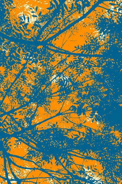 黄金の時間でバックライトの葉の下に表示 青とオレンジの枝や葉のシルエット 夕方の植生の夏の風景 — ストックベクタ