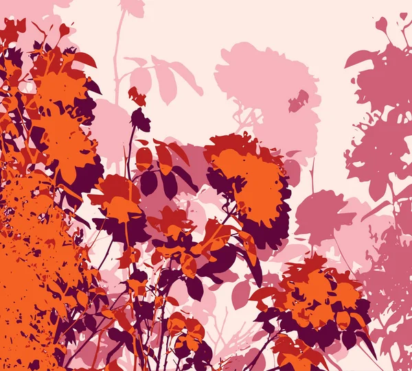 Stiliserad Vektor Illustration Med Silhuetter Blommor Varma Toner Orange Lila — Stock vektor