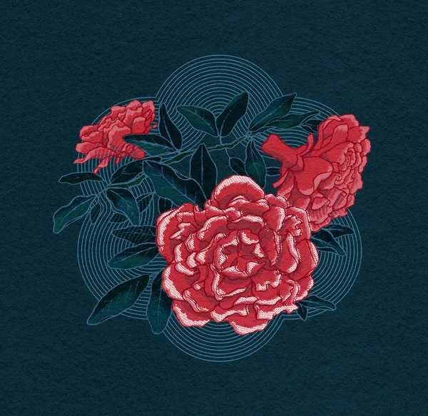 Kompozycja Kwiatowa Czerwonymi Kwiatami Nad Wzorem Graficznym Skoncentrowana Ciemnoniebieskim Teksturowanym — Zdjęcie stockowe