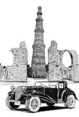 Qutub Minar ve Vintage araba vektör çizim - Yeni Delhi, Ind