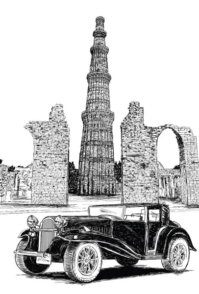 Qutb Minar en Vintage auto vectorillustratie - New Delhi, Ind — Stockvector
