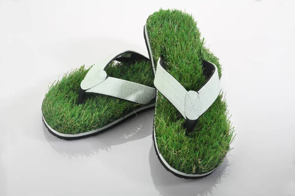 Зеленая трава тапочки / шлепанцы на белом фоне — стоковое фото