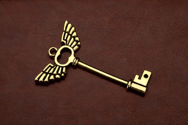 Chave dourada com asas no fundo de couro marrom — Fotografia de Stock
