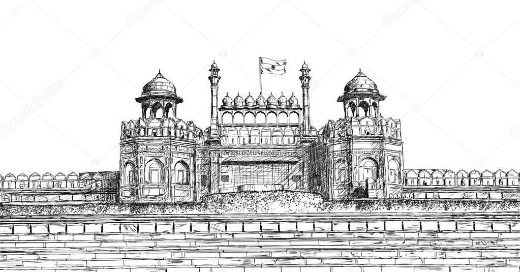 Red Fort, New Delhi, India - Detailed Vector Sketch Illustration