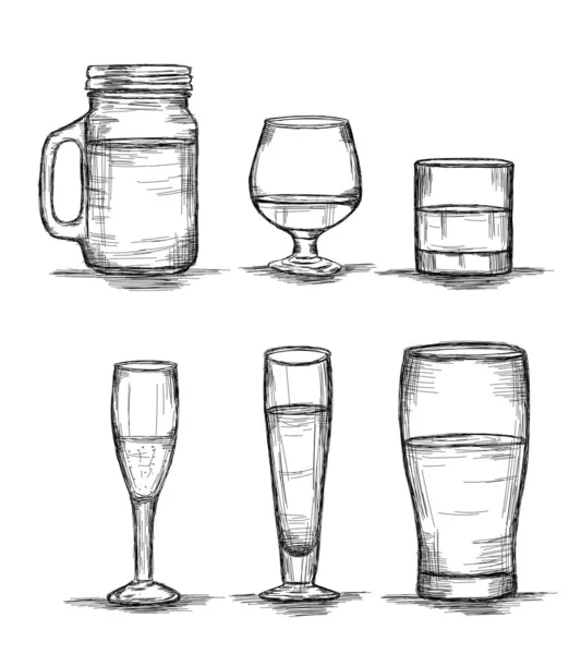 Συλλογή έξι γυαλιών - Mason Jar, Κρασί, ουίσκι, σαμπάνια, μέλισσα — Διανυσματικό Αρχείο