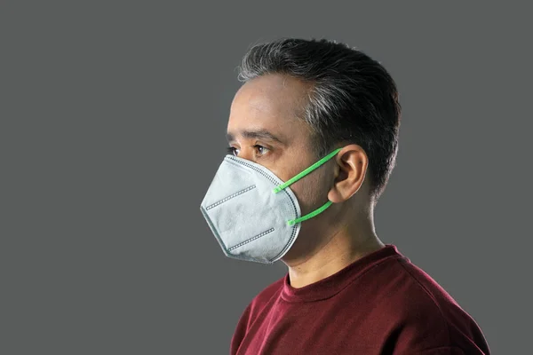 Indian Man wearing a N95 mask for protection against virus, dust, pollution and smog