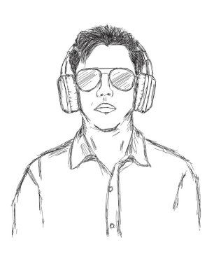 Kablosuz kulaklıklı ve güneş gözlüklü bir adamın vektör çizimi