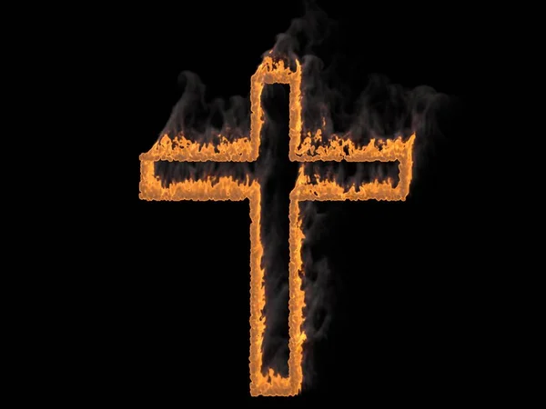 Крест в огне с дымом. 3d render. Цифровая иллюстрация — стоковое фото