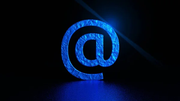 Μπλε στο σημάδι με φωτοβολίδα σε μαύρο φόντο. Ηλεκτρονικού ταχυδρομείου. Γραφική απεικόνιση. 3D rendering — Φωτογραφία Αρχείου