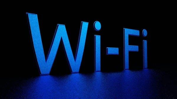 Inscripción azul con reflejo en el suelo. Wi-fi. Ilustración gráfica. 3d renderizar . — Foto de Stock