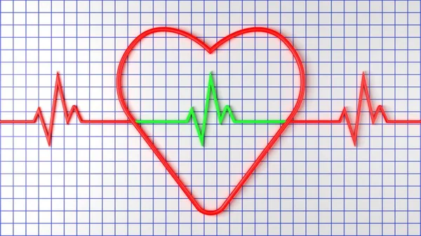 Red heart with pulse on graph paper. 3D rendering. — Stock Photo, Image