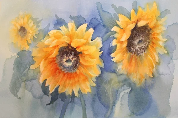 Ayçiçeği yeşil arka plan suluboya üzerinde