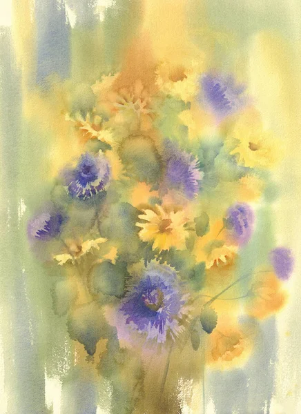 Amarelo azul flores de verão aquarela — Fotografia de Stock