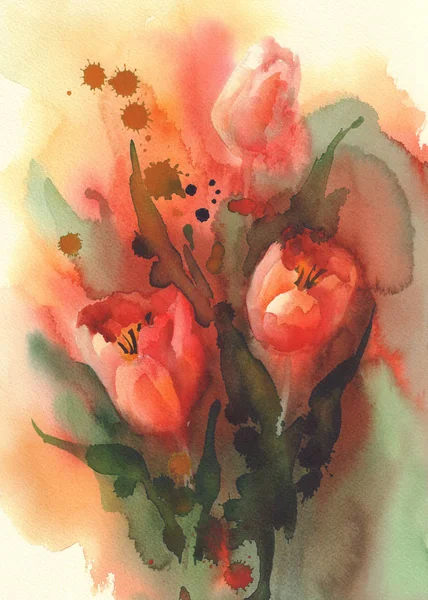 Röda tulpaner med splash akvarell — Stockfoto