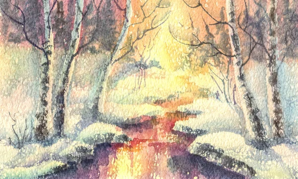Inverno floresta aquarela paisagem — Fotografia de Stock