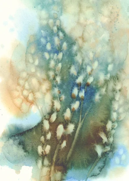Cipki wierzbowe gałązki niebieski akwarela — Zdjęcie stockowe
