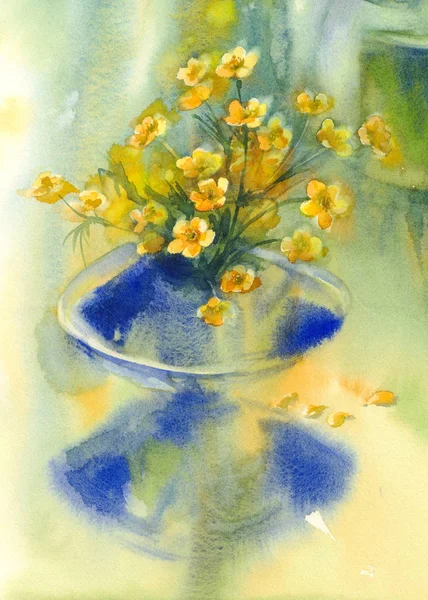 Yellow flowers in vase watercolor — Stock Photo, Image