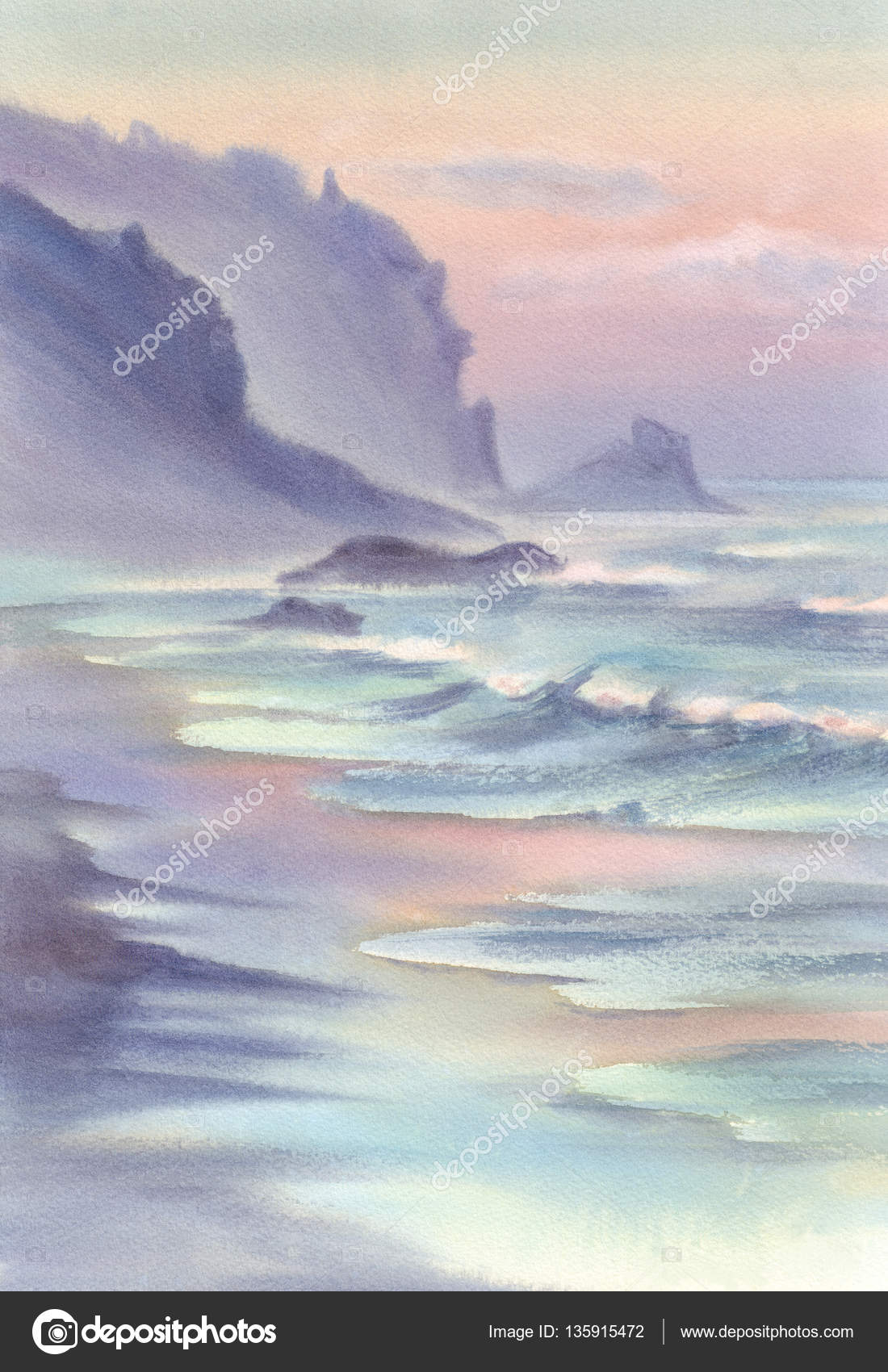 Download Seascape With Mountains Watercolor Stock Photo Image By C Eglelip 135915472