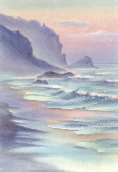 Dağlar suluboya ile deniz manzarası