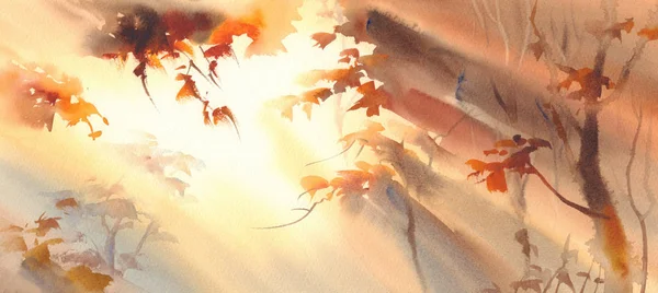 Raios de sol na aquarela floresta dourada — Fotografia de Stock