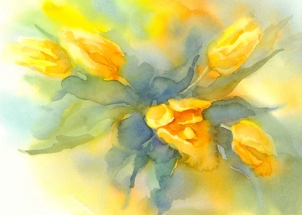 Bouquet de tulipes jaunes aquarelle — Photo