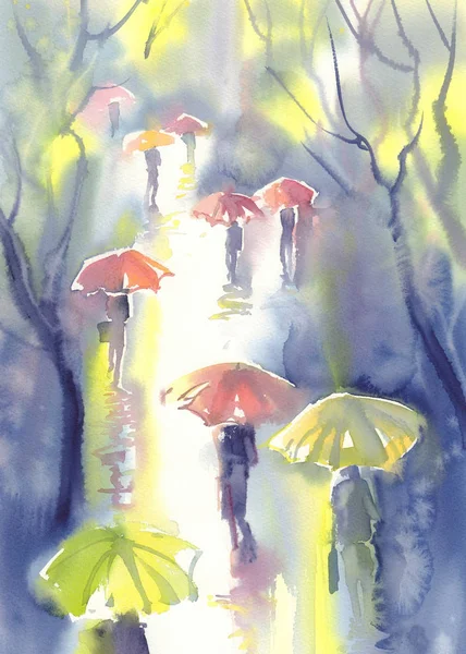 Guarda-chuvas na aquarela da chuva — Fotografia de Stock