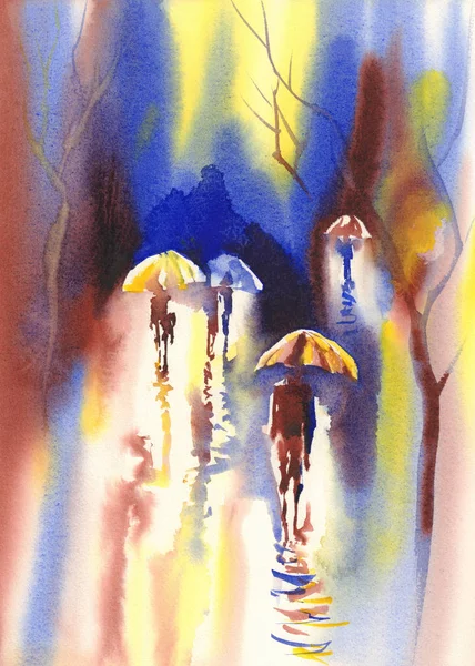 Parapluies de couleur dans l'aquarelle de pluie — Photo