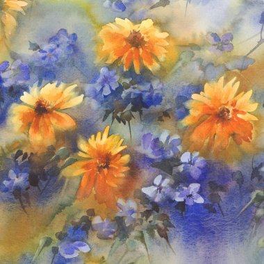Sarı Mavi yaz çiçek suluboya