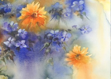 Sarı Mavi yaz çiçek suluboya