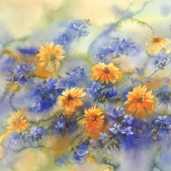 yellow blue summer flowers watercolor