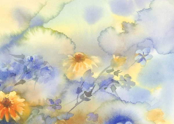 黄色青い夏花の水彩画 — ストック写真