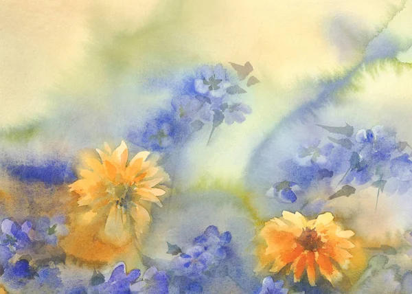 Κίτρινο γαλάζιο καλοκαίρι λουλούδια ακουαρέλα — Φωτογραφία Αρχείου