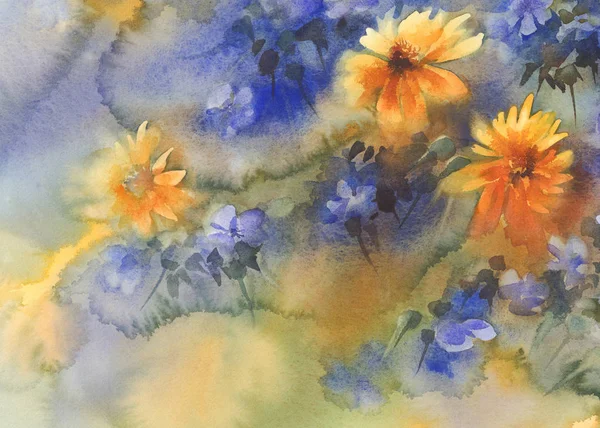 黄色青い夏花の水彩画 — ストック写真