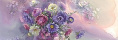 Menekşe Aster vazo suluboya natürmort