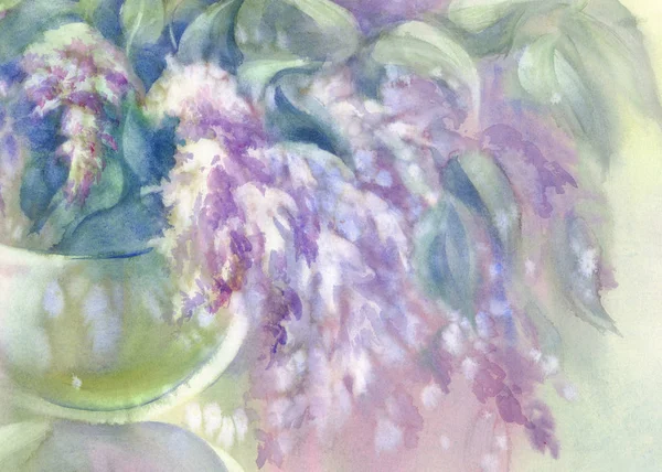 ライラックの花束花瓶水彩画で — ストック写真