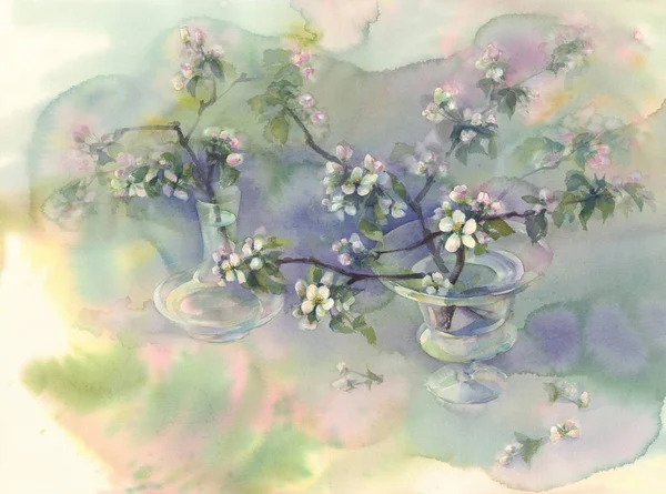 Яблоня цветет акварелью — стоковое фото