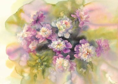 pembe ve beyaz peonies suluboya buket