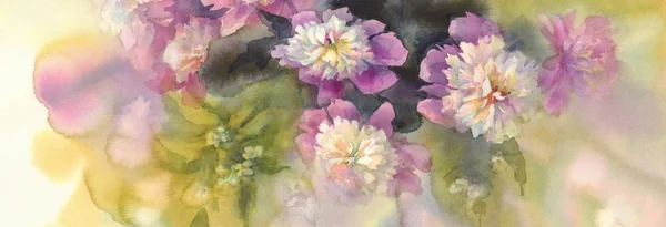 ピンクと白の牡丹水彩画の花束 — ストック写真
