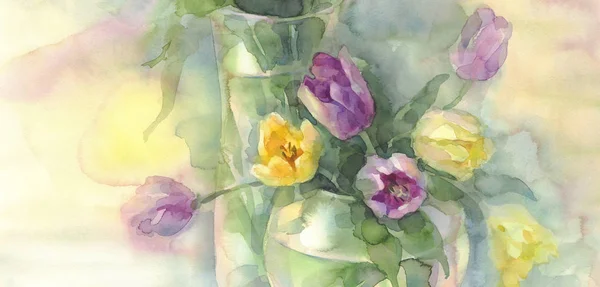 Színes tulipánok a vázában akvarell — Stock Fotó