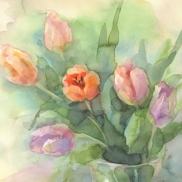 Color tulips in vase watercolor — Stock Photo, Image