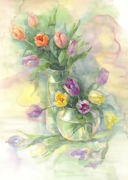 Färg tulpaner i vas akvarell — Stockfoto
