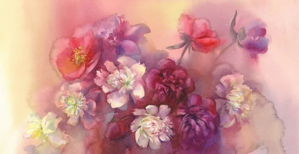 紫と白の牡丹水彩画の花束 — ストック写真