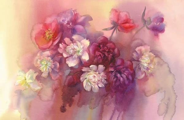 Bouquet de pivoines violettes et blanches aquarelle — Photo