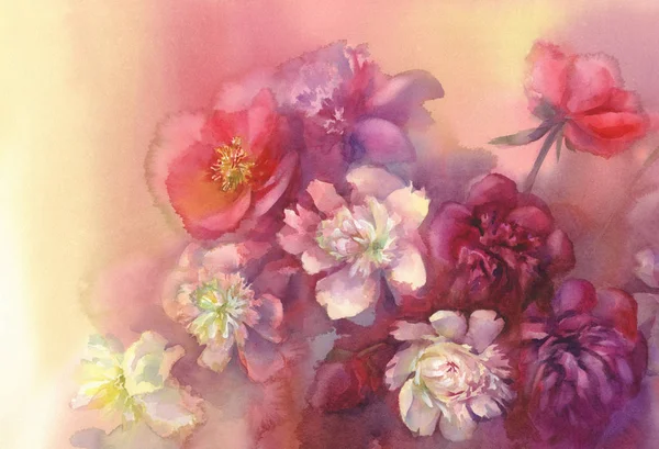 Bouquet di peonie viola e bianche acquerello — Foto Stock