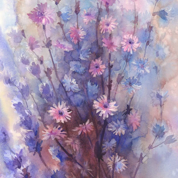 Niebieski Kwiat różowy tło akwarela — Zdjęcie stockowe